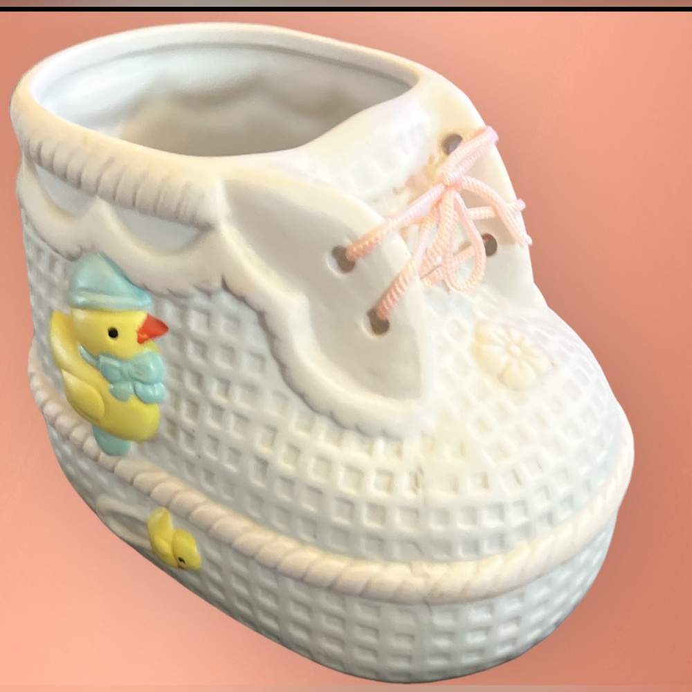 Vtg Ceramic Baby Shoe Planter Pastels Duck Safety Pin  5"L x 3"W